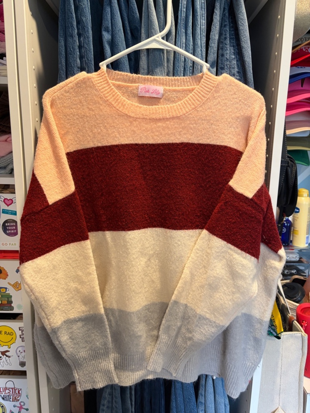 Pink Lily Striped Crewneck Sweater in Peach, Burgundy, Cream & Light Gray